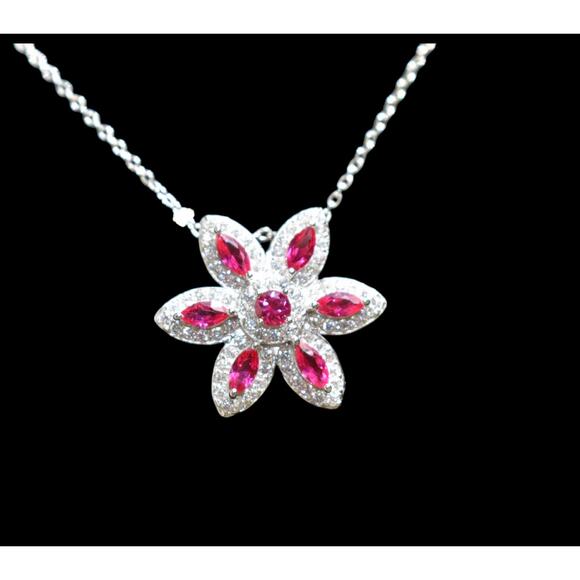 Created Ruby Cubic Zirconia Flower Pendant Necklace Sterling Silver - Picture 8 of 8
